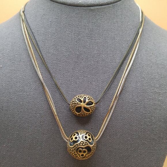 Chico’s Layered Pendant Necklace Black Enamel Beads Multistrand Chains - Picture 2 of 10